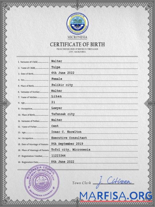 Blank Micronesia birth certificate PSD template